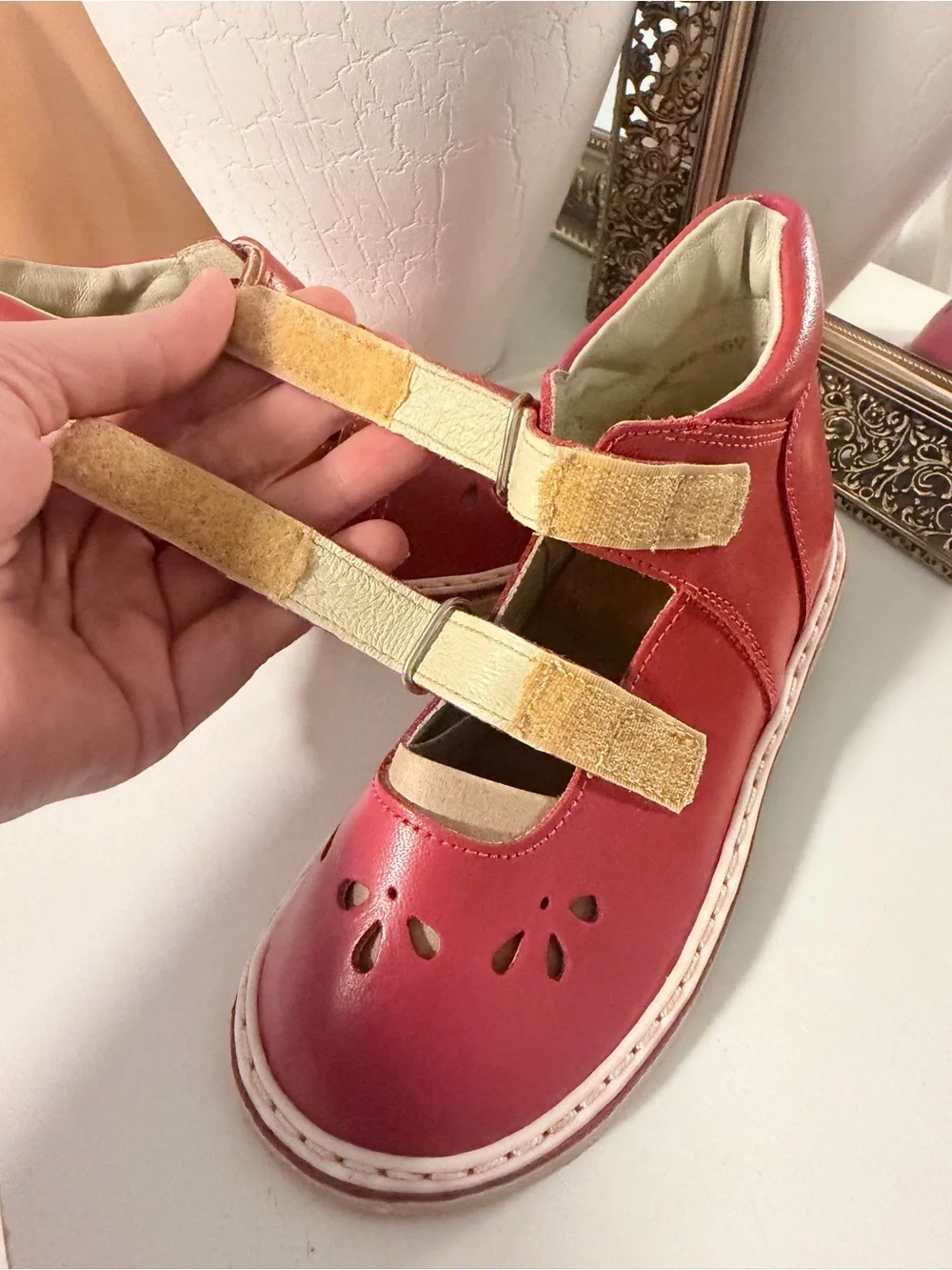 Kids Red Leather Shoes with Hook-and-Loop Straps